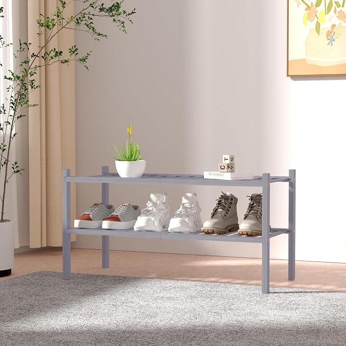 ROMGUAR CRAFT 2 Tier Bamboo Shoe Rack for Closet Free Standing Wood Shoe Shelf for Entryway Small Space Stackable 27"x11"x13" (Grey) - Image 2