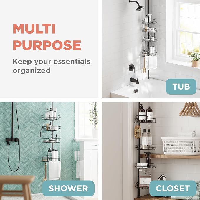 Zenna Home Tension Pole Shower Caddy Corner Organizer, Adjustable Standing Shower Caddy with 4 Baskets and Built in Towel Bar, Rust Resistant Bathroom Tension Rod Organizer, 60 to 97 Inch, Bronze - Image 7