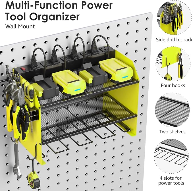 CCCEI Modular Power Tool Organizer Wall Mount with Charging Station. Garage Drill Storage Shelf with Hooks, Heavy Duty Rack, Tool Battery Holder Built in 8 Outlet. Gift for Men. Green, 1 Pack. - Image 5