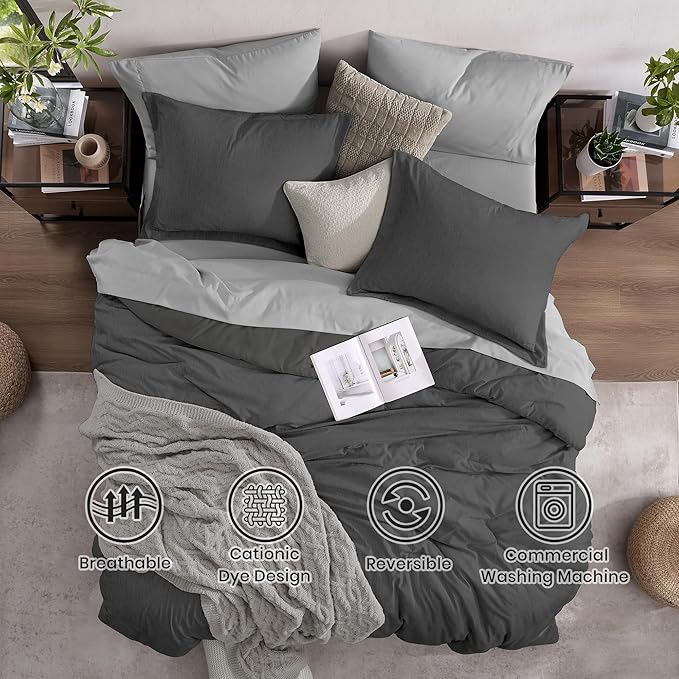 Monbix California King Comforter Set - 7 Pieces Cationic Dyeing Dark Grey Bed in a Bag Cal King Bed Sets with Comforter, Sheets, Pillowcases & Shams, Reversible Bedding Comforters Sets