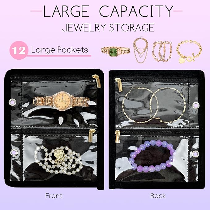 Travel Jewelry Organizer Case,Jewelry Bags for Traveling, Jewelry Binder with 24 Pcs Clear Zipper Velvet Pouches (Inner Pages, 3 PCS) - Image 3