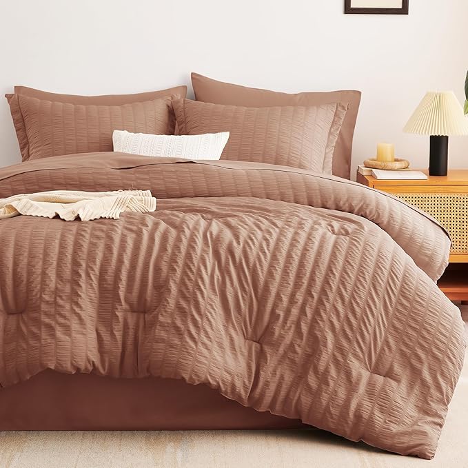 CozyLux King Size Comforter Set Mocha Mousse Seersucker 7 Pieces Bed in a Bag King Comforter Set with Sheets, Luxury Soft Bedding Sets with Down Alternative Comforter, Sheets, Pillowcases & Shams