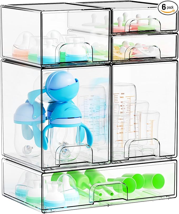 Yieach 6 Set Clear Baby Bottle Organizer for Countertop,BPA FREE Bottle Station Organizer for Breast Pump Parts,Pacifier and Baby Accessories,Stackable Drawers for Bathroom,Cabinet,Pantry Organization by Yieach