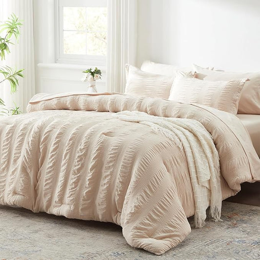 Zzlpp King Comforter Set 7 Pieces, Beige Seersucker Bed in a Bag with Comforter and Sheets, All Season Bedding Sets with 1 Comforter, 2 Pillow Shams, 2 Pillowcases, 1 Flat Sheet