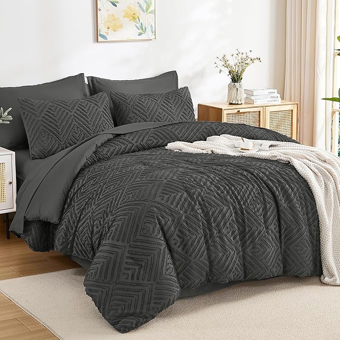 Andency Oversized King Size Comforter Set 7 Pieces Dark Grey - Bed in a Bag Oversized King Boho Lightweight Fluffy Tufted Bedding Sets with Comforter, Sheets, Pillowcases & Shams