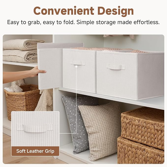 StorageWorks Foldable Shelf Organizer Bins, Closet Storage Baskets for Clothes, Storage Bins for Organization, Beige Stripes, 3-Pack, Extra Large - Image 5
