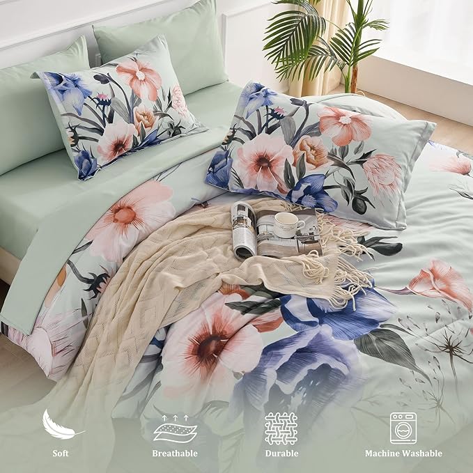 Luxudecor Floral Comforter Set King Size 7 Piece, Green Flower Bed in a Bag, Elegant Comforter Bedding Set for All Season (Green, 104"x90")