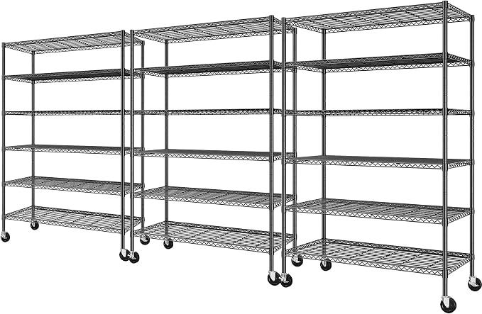 Romorgniz 82" H X45 W X18 D Storage Shelves with Wheels, 6 Tier Wire Shelving Adjustable Metal Shelving Pantry Shelves Capacity 1200LBS for Garage Shelving, Pantry, Kitchen, Closet,Black,3P by Romorgniz