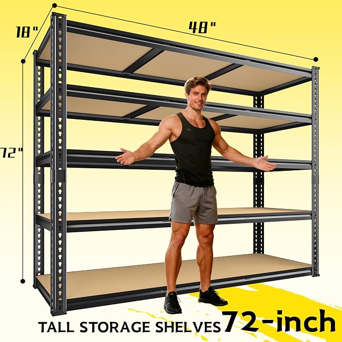 48" W Garage Shelving Heavy Duty 2800LBS Garage Storage Shelves, 5 Tier Adjustable Metal Shelving Unit Utility Rack Shelf for Warehouse, Pantry, Closet, Kitchen 72" H x 48" W x 18" D, Black，2PCS - Image 3