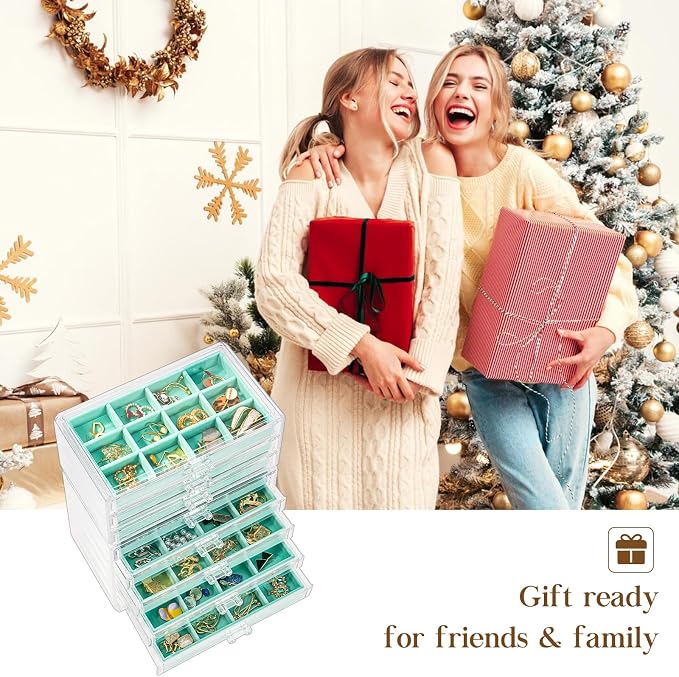 ProCase Earring Holder Organizer Jewelry Box with 8 Drawers, Acrylic Clear Earring Case with Adjustable Velvet Trays for Women - Aqua, 8 Layers - Image 7