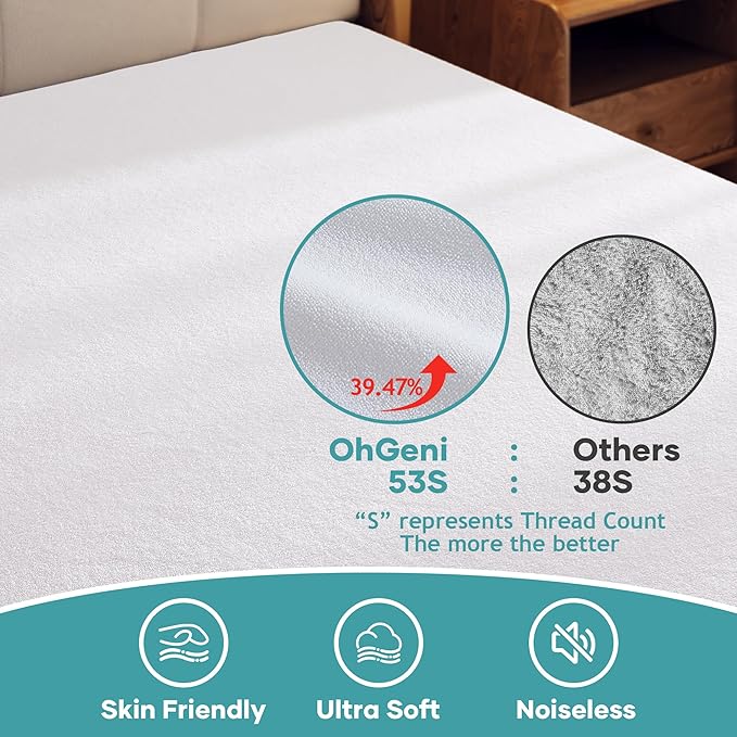 OhGeni Waterproof Mattress Protector, California King Size Fitted Sheet with Deep Pocket,6''-18'' Washable Hypoallergenic Mattresses Cover,Noiseless Soft Mattress Pad,Comfort for 6'3",Pee & Dirt-proof