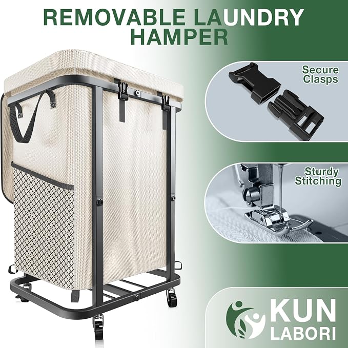 40 Gal(150L) High Grade Large Laundry Basket with Wheels, Rolling Laundry Hamper, Laundry Cart with Metal Frame and Removable Bag Design, Suitable for Laundry Room, Bedroom (White, 150L) - Image 5