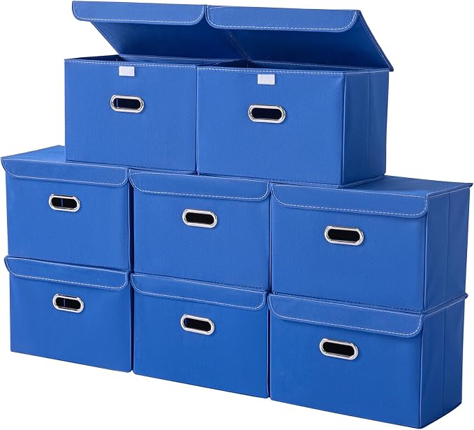 STOREONE Fabric Storage Cube Bins Foldable Organizer Container Collapsible Basket with Lids and Metal Handles, for Home, Bedroom, Closet 8 Pcs (Dark Blue) by STOREONE