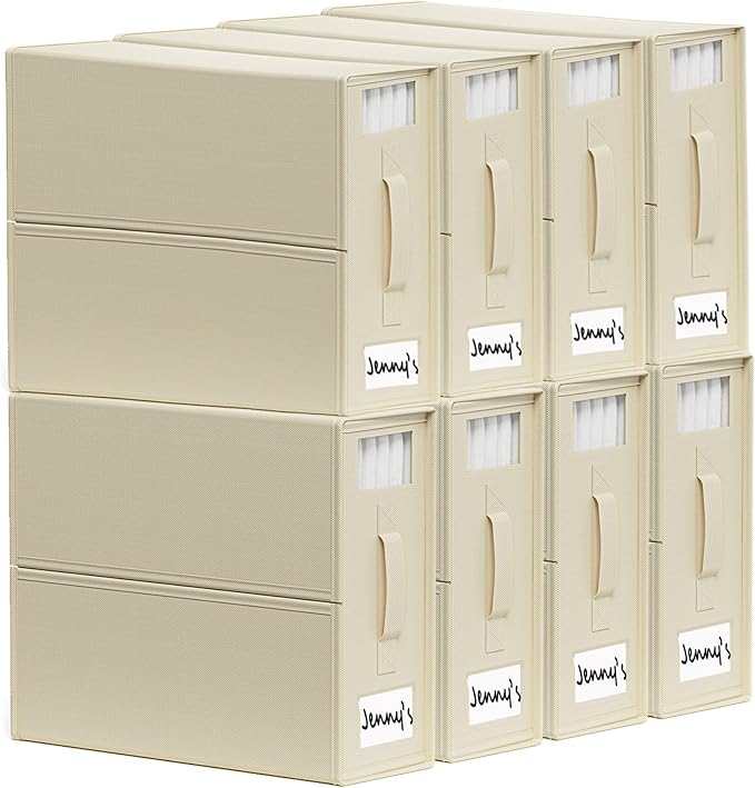 SheetCube Bed Sheet Organizers and Storage 8 Pack, Foldable Linen Closet Organizer with Window and Label, Bedding Folder Storage Box Container for Blanket, Duvet Cover Set, Bed Sheet Set - Beige by SUOCO