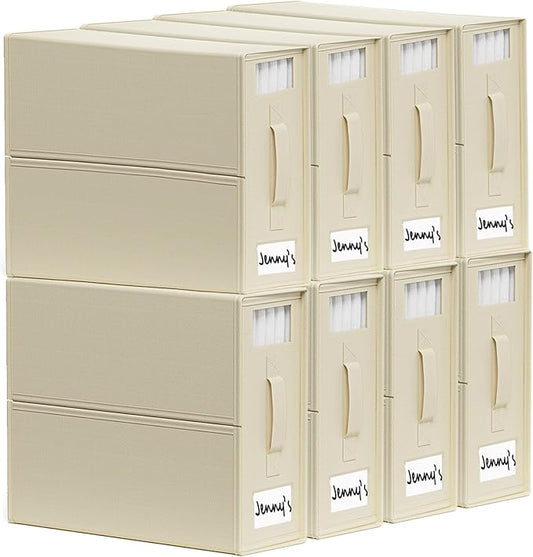 SheetCube Bed Sheet Organizers and Storage 8 Pack, Foldable Linen Closet Organizer with Window and Label, Bedding Folder Storage Box Container for Blanket, Duvet Cover Set, Bed Sheet Set - Beige by SUOCO