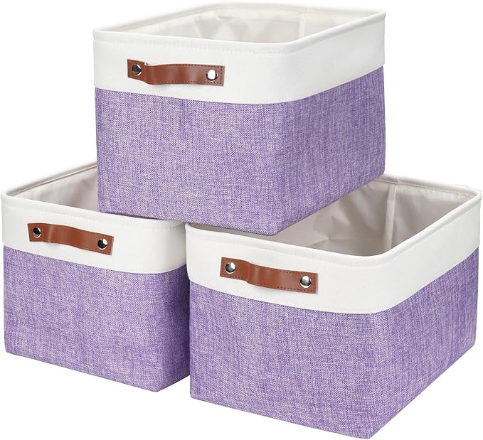 Bagnizer Storage Bins Large Fabric Storage Baskets for Shelves 3 Pack, Decorative Linen Closet Baskets with Handles for Organizing, Shelf, Clothes, Home, Office, 15x11x9.5Inches (Purple&White) by Bagnizer