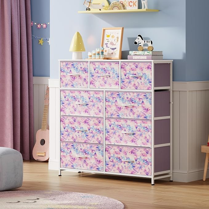 WLIVE 9 Drawer Dresser, Fabric Storage Tower for Bedroom, Hallway, Closet, Tall Chest Organizer Unit for Bedroom with Fabric Bins, Steel Frame, Wood Top, Tie-dye Print (Pink, Purple, Blue) - Image 2