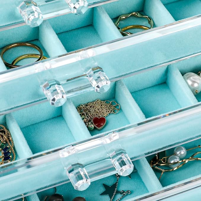 Frebeauty Acrylic Jewelry Organizer Earring Organizer Box with 5 Drawers Earring Holder Organizer with Velvet Trays Clear Jewelry Box for Women Earring Display for Rings Studs(Turquoise) - Image 4