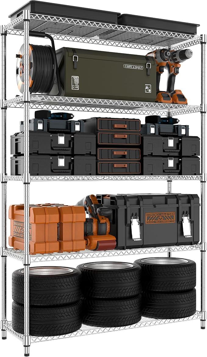 MZG 1750 lbs 5 Tier Storage Rack Metal Wire Shelving Unit, Storage Standing Household Shelf Organizer for Kitchen Pantry Closet Garage Basement Utility Room, Chrome 15.7" D x 45.3" W x 70.4" H by MEIGAOPLASTICANDMETALHKCOLIMITED