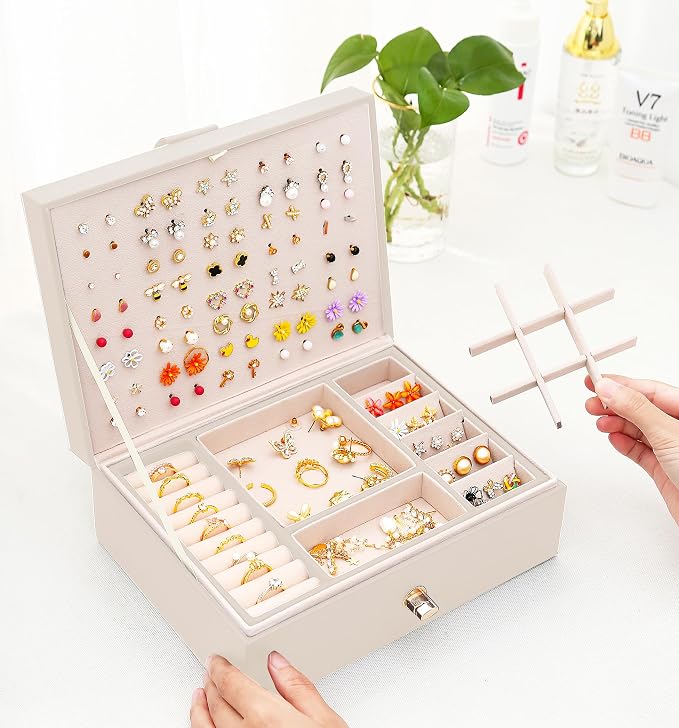 QBestry Girls Jewelry Box Earring Holder Organizer for Girls Jewelry Organizer Box Stud Earrings Organizer for Girl Womens Beige Jewelry Box for Earrings and Necklaces Rings Stud Earring Box for Teen - Image 4