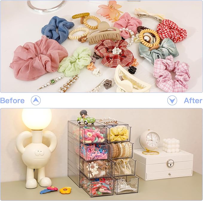 FABROK Clear Hair Accessory Organizer Box with 4 Drawers, Compact Storage Organization Drawers Set for Cosmetics, Glasses, Stationery, Stackable Storage Containers Box for Bathroom, Closet, Desk, Office - Image 4