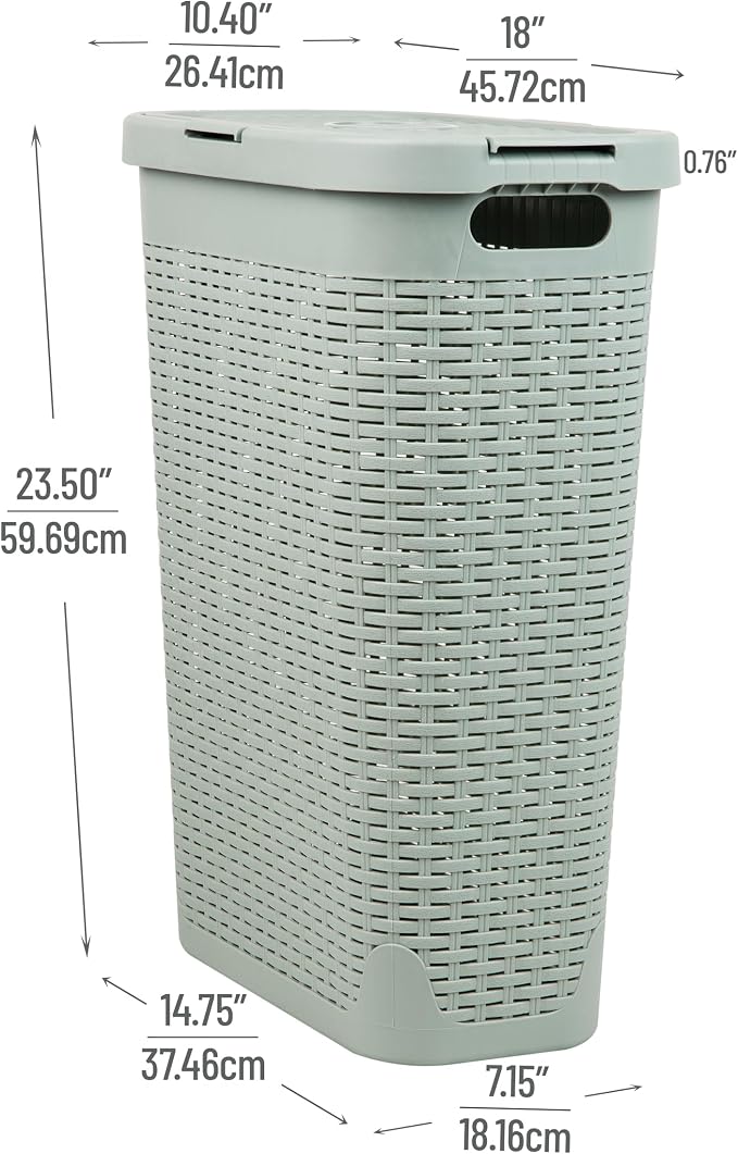 Mind Reader Slim Laundry Hamper with Lid, 40L Clothes Basket, Narrow Tapered Design with Ventilated Cutout Pattern, Plastic, Mint - Image 3