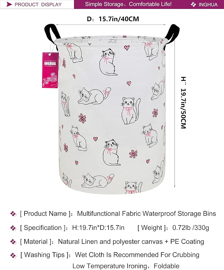Laundry Hamper Large Canvas Fabric Lightweight Storage Basket/Toy Organizer/Dirty Clothes Collapsible Waterproof for College Dorms, Boys and Girls Bedroom,Bathroom(Love cat) - Image 2