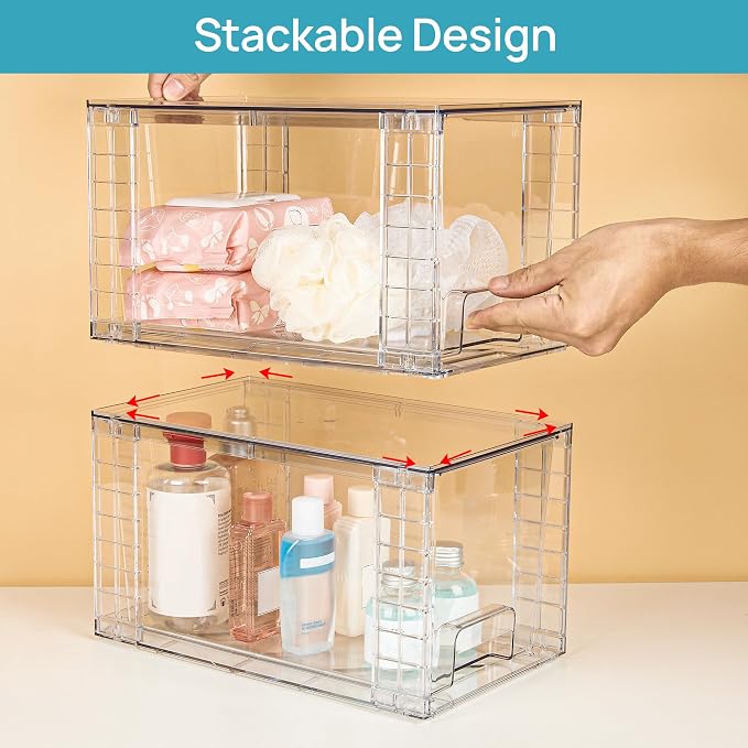 Vtopmart 2 Pack Large Stackable Storage Drawers,Clear Acrylic Drawer Organizers with Handles, Easily Assemble for Bathroom,Kitchen Undersink,Cabinet,Closet,Makeup,Pantry organization and Storage - Image 4