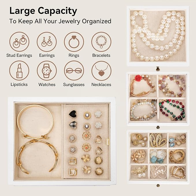 Jewelry Box for Women, Rustic Wooden Jewelry Boxes & Organizers with Mirror & Drawers,6 Layer Jewelry Organizer Box for Rings Earrings Necklaces Bracelets ((Weathered White) - Image 5