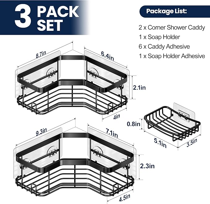 MAXIFFE 3 Pack Corner Shower Caddy with Soap Holder, Large Capacity Sturdy Adhesive Stainless Steel No Drilling Shower Organizer Shelves Rack Storage Inside Shower for Bathroom Family Renters, Black - Image 7