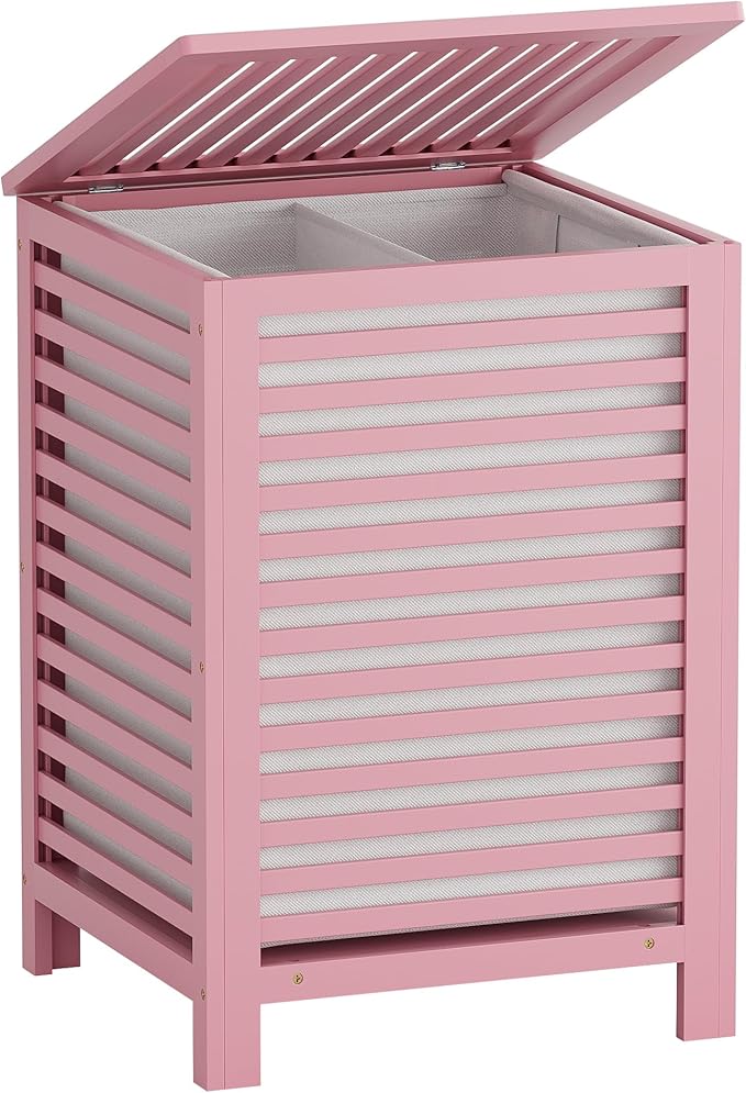 SMIBUY Double Laundry Hamper with Lid, 120L Bamboo Laundry Basket with Removable Liner Bag, 2-Section Clothes Divider Laundry Sorter for Laundry Room, Bathroom, Bedroom (Pink) by SMIBUY