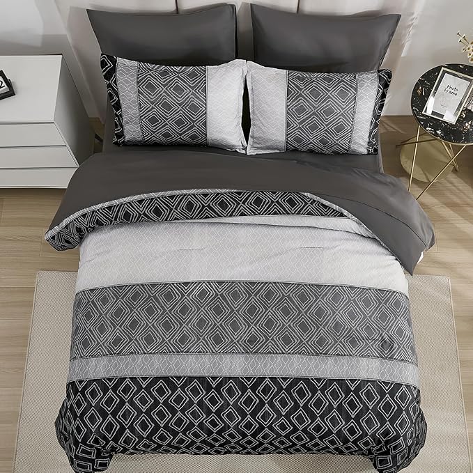 Dinjoy Black/Gray King Size Comforter Set, Warm Boho Bed in a Bag King 7 Pieces Fall Striped Bedding Mens Comforters Sets Patchwork Bed Sets Complete Decor for Women Winter