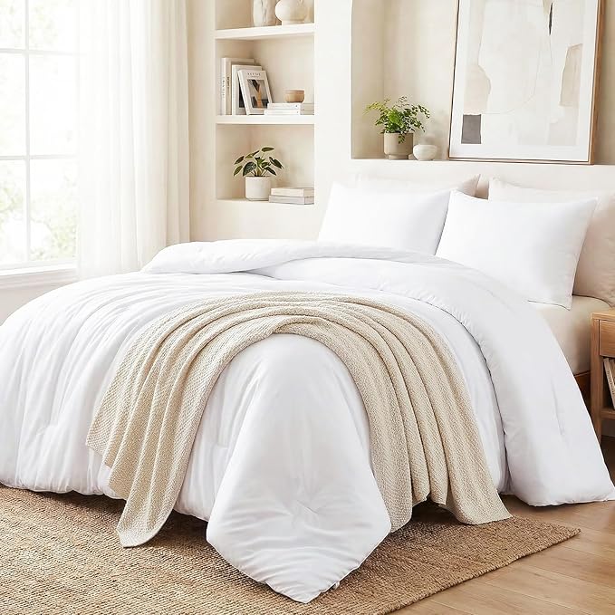 CozyLux California King Comforter Set White, 3 Pieces Cal King Solid Breathable Quilted Bedding Sets for All Seasons, Luxury Soft Lightweight Bed Set with Down Alternative Comforter and 2 Pillowcases
