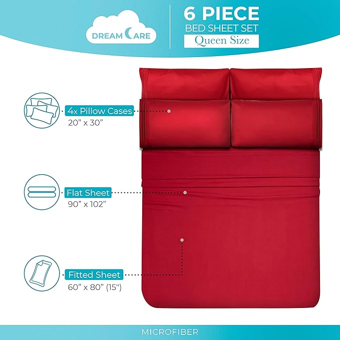 DREAMCARE Queen Sheet Set - 6 pcs Breathable Cooling Bed Sheets - up to 15" Deep Pocket Queen Sheets Set with Side Pockets - Extra Soft 100% Brushed Hypoallergenic Hotel Luxury Bedding - Burgundy