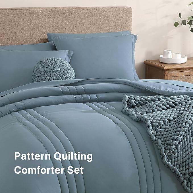 Monbix Queen Comforter Set - 7 Pieces Dusty Blue Bed in a Bag Queen Bedding Sets with Comforters, All Seasons Comforter Bed Set with Sheets, Pillowcases & Shams