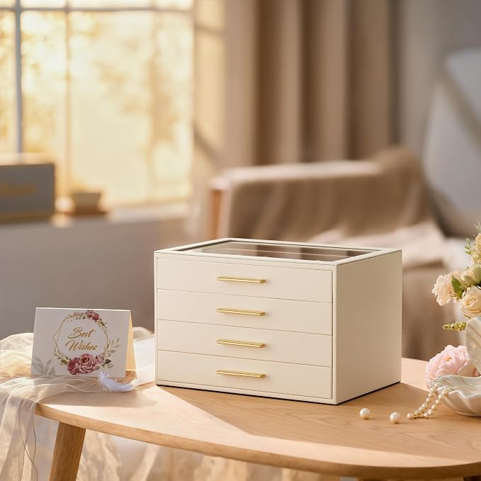 pickpiff Jewelry Box Organizer Case for Women: 4-Layer Jewelry Storage Case with Glass Window, Ivory Leather with Pink Velvet, Holder for Ring Necklace Bracelet Brooch Watch, Great Gift for Her - Image 6