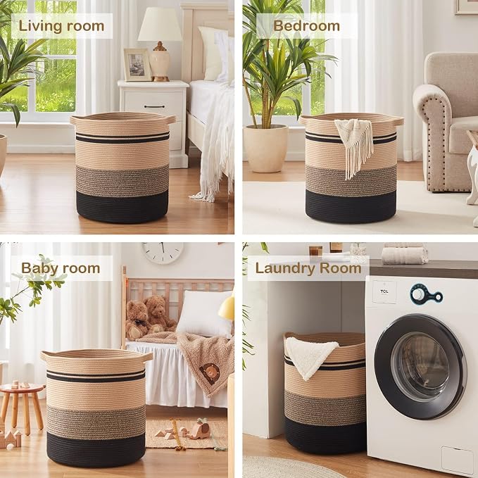 OIAHOMY 80L Laundry Baskets-Laundry Hamper,Storage Basket with Handles,Decorative Basket for Living room,Woven Storage Basket for Toys Bin,Pillows, Blankets,Clothes-20x18in-Yellow Black - Image 7