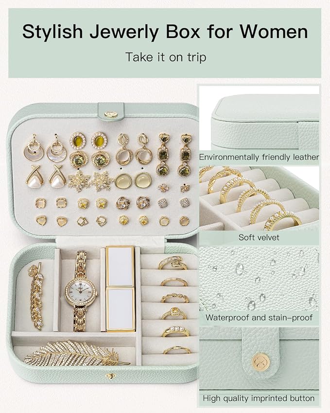 VLANDO Travel Jewelry Case for Women Girls Mothers, PU Leather Portable Small Jewelry Box for Rings, Necklaces, Bracelets, Earring Holder Organizer Storage for Travel, Bridesmaid Gifts - Mint Green - Image 6