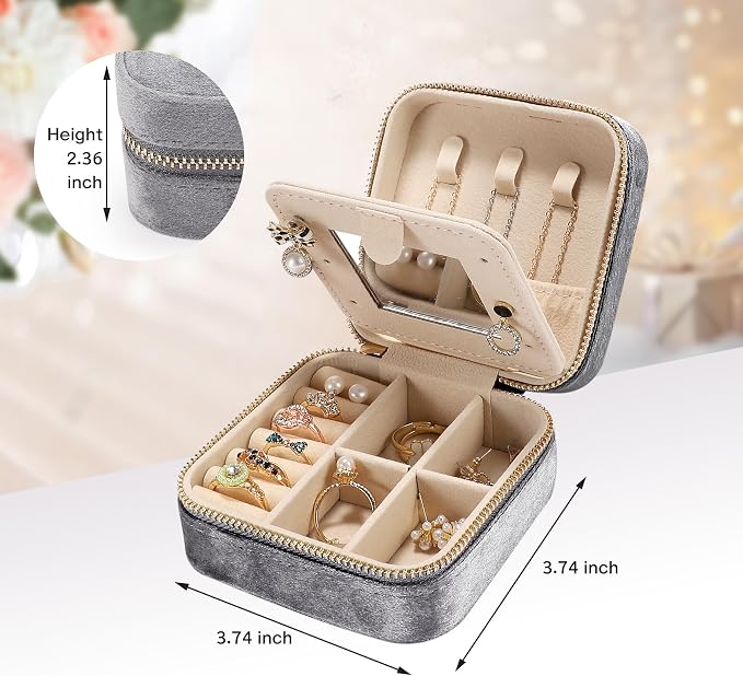 Velvet Travel Jewelry Box for Women - Small Portable Organizer, Storage Case for Rings, Earrings and Girls Necklaces, Ideal Gift for Travel (Gray) - Image 2