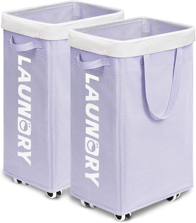 Goodpick Laundry Basket with Wheels 2-Pack, 75L Collapsible Laundry Baskets with Removable Wash Bag, Clothes Laundry Hamper on Wheels, Light Purple by Goodpick