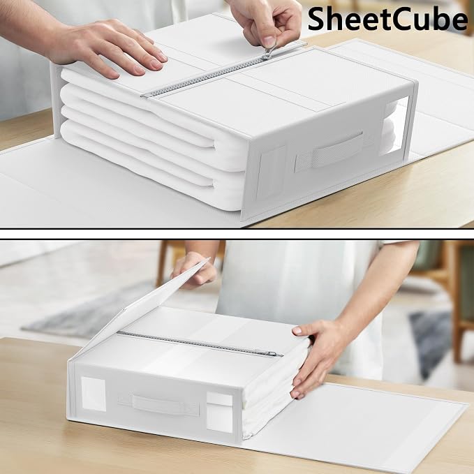 SheetCube Bed Sheet Organizers and Storage 4 Pack, Foldable Linen Closet Organizer with Window and Label, Bedding Folder Storage Box Container for Blanket, Duvet Cover Set, Bed Sheet Set - White - Image 4