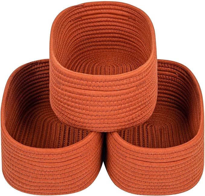 CubesLand Small Baskets, Storage Baskets for Organizing Shelves, 3 Packs Rectangular Woven Storage Baskets Natural Cotton Rope Storage Bins Closet Baby Nursery Baskets Empty Gifts Baskets Brick Red by CubesLand