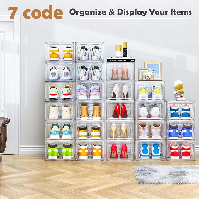 12 Pack Clear Shoe Storage Organizer with Magnetic Door,Stackable Plastic Shoe Boxes for Sneakers,Boots,and Heels,Space-Saving Foldable Shoe Rack for Closet,Durable Shoe Cabinet Organizer,White - Image 9