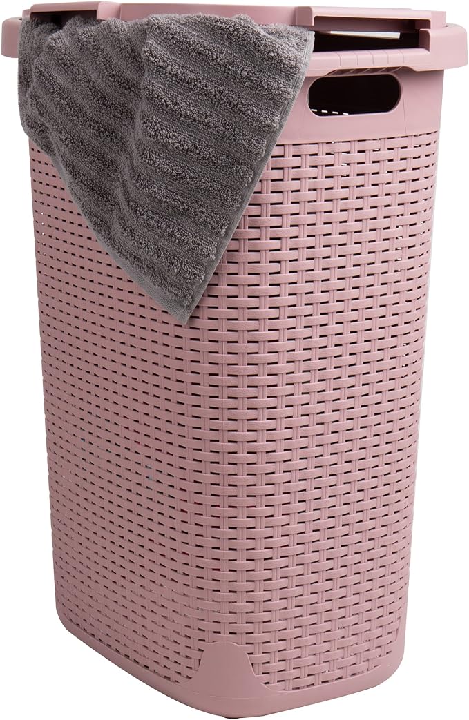 Mind Reader Slim Laundry Hamper with Lid, 60L Tall Clothes Basket, Narrow Tapered Design for Bathrooms, Closets and Laundry Rooms, Plastic, Pink by MindReader