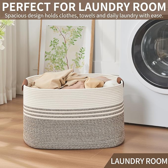 Large Woven Laundry Basket Hamper, 72L Cotton Rope Storage Bin for Blankets, Toys, Clothes, Decorative Nursery Hamper for Living Room, Baby Nursery, Bathroom, Bedroom, Kids Storage, Brown - Image 5
