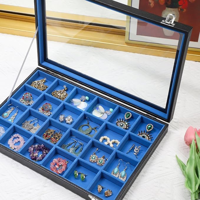 Stratalife Earring Organizer Jewelry Tray with See-through Lid Jewelry Holder Organizer Jewelry Organizer Box Jewelry Storage Crystal Holder Rock Collection Box 24 Grid (Blue Black) - Image 5