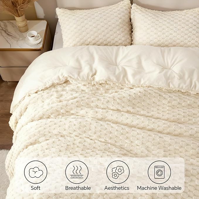 BEDELITE Fluffy Queen Comforter Set - Beige Fleece Soft Comforter for Queen Size Bed, Luxury Warm Bedding Set for Winter, Fuzzy Bed Set 3 Pieces (1 Comforter, 2 Pillowcases)