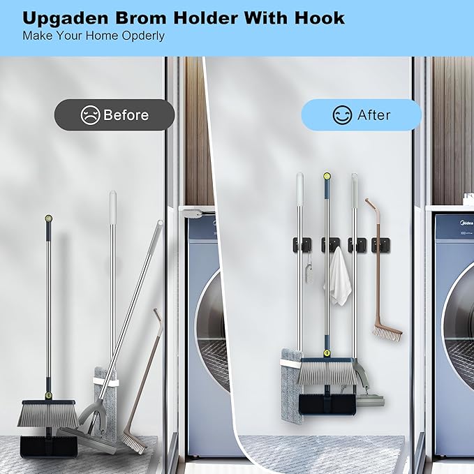 4 Pack Mop and Broom Holder Wall Mount - Stainless Steel Broom Mop Hanger - Wall Mounted Garden Tool Rack Organizer for Closet Garage Laundry Room Kitchen Decor (Black) - Image 2