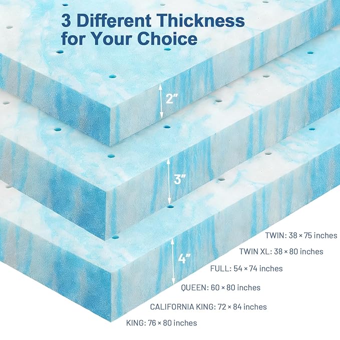 Mattress Topper King, 3 Inch Gel Memory Foam Bed Topper for King Size Bed, CertiPUR-US Certified, Blue