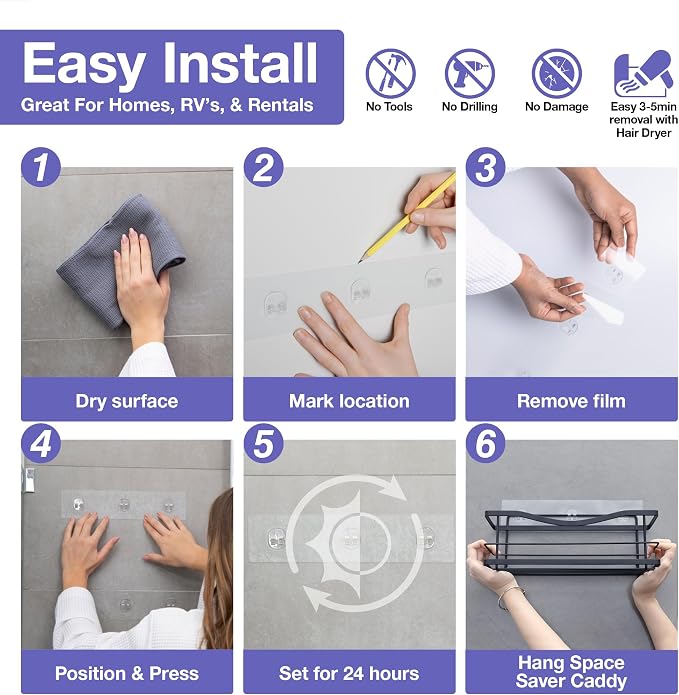 KINCMAX 2-Pack Strong Sticky Waterproof Heavy-Duty Wall Adhesives, Shower Caddy Adhesive Replacement Stickers, No-Trace Wall Adhesives Hook Strip for Shower Caddy, Kitchen Racks, Bathroom Shelf - Image 5